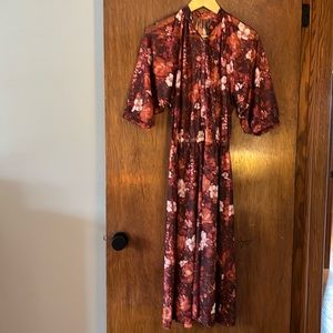 Vintage Boho Orange/Burgundy/Brown Rose/Floral Print Dolman Sleeve Maxi Dress